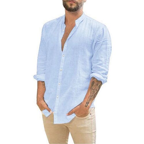 Cotton Linen Hot Sale Mens Long-Sleeved Shirts Summer Solid