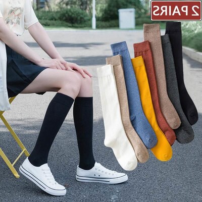 2 Pairs Women Cotton Knee High Socks Black White Solid color