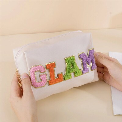 Women Teen Girls Chenille GLAM Letter Patch Preppy Makeup Ba