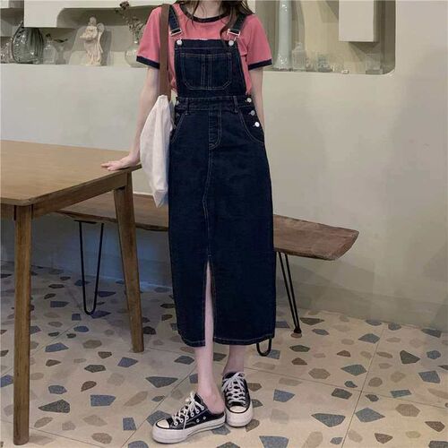 Denim strap dress, retro split design, niche denim dress, wo