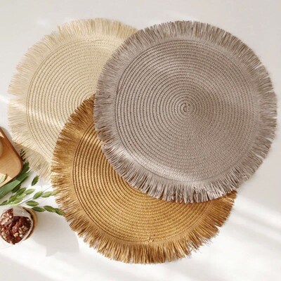 Round Braided Placemats Fringe Paper Table Mats Hand Woven N