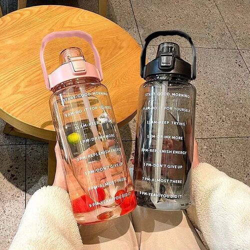 2 Liters Straw Plastic Water Bottle Large Portable Travel Bo