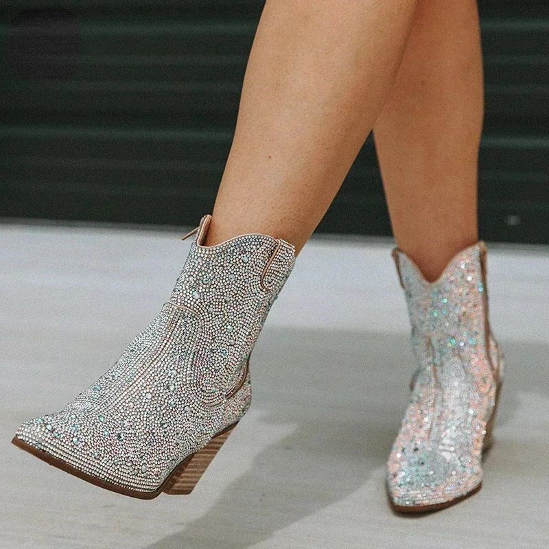 Western Cowboy Boots Fashion Women Ankle Boots Glitter Bling图片
