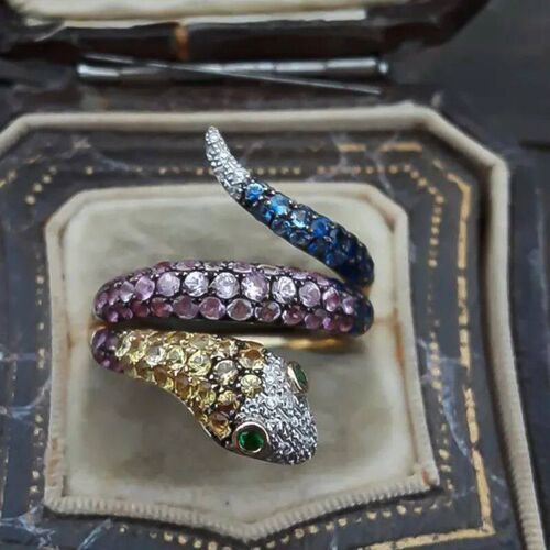 Luxury Rainbow Crystal Green Zircon Eyes Engagement Ring Pun