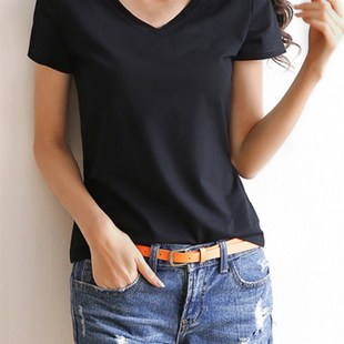 Women Short Sleeves T-shirt Bottoming Shirt Round Neck or V