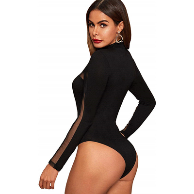 2020 Summer Women Sexy Bodysuit Black Solid Mesh Patchwork L