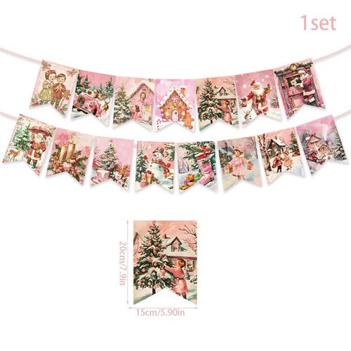 Pink Vintage Christmas Banner Santa Snowman decor Merry Chri