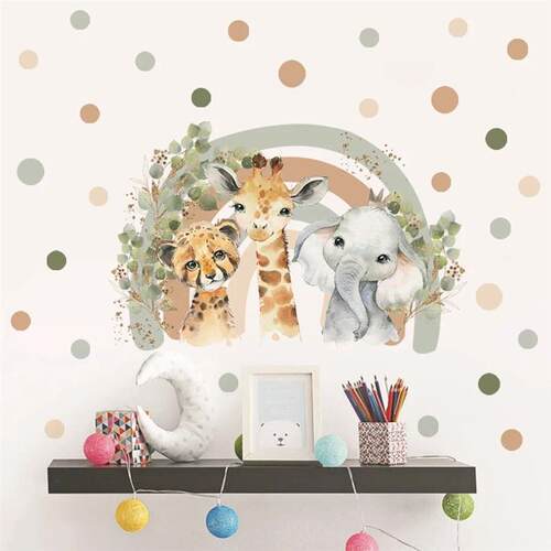 Boho Cartoon African Animal Giraffe Elephant Watercolor Wall