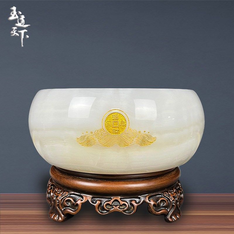 玉石聚宝盆配旋转底座装饰品乔迁开业送礼办公室桌面摆放实用招财