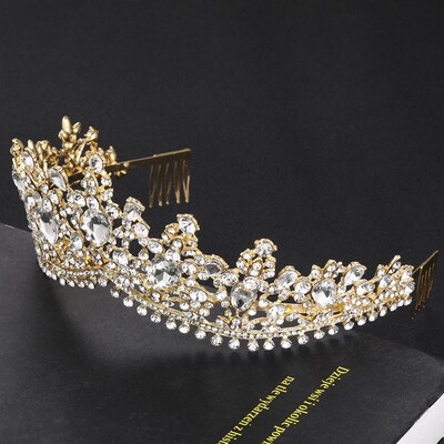 Baroque Rose Gold Pink Crystal Bridal Tiara Crown With Comb