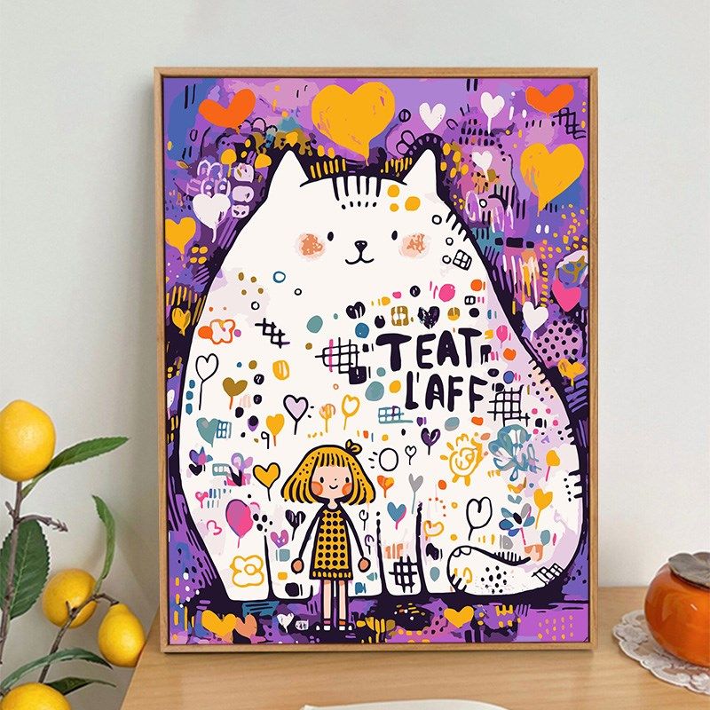 涂鸦艺术猫和女孩卡通数字油画diy填充涂色可爱手绘丙烯装饰挂画,家居饰品,DIY/数字油画,淘宝优惠券,粉丝福利购,淘宝优惠卷