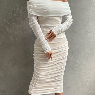 Dressmecb Solid Mesh White Midi Dresses Women Clothing Off S