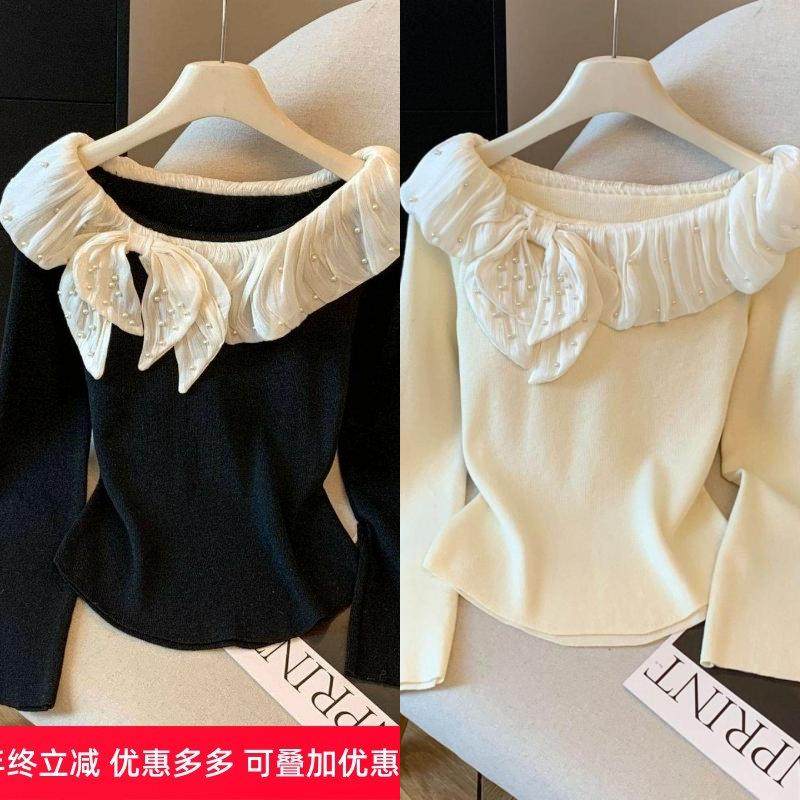 纯欲性感一字领德绒长袖针织衫女秋冬新款设计感钉珠花边拼接上衣,女装/女士精品,毛针织衫,淘宝优惠券,粉丝福利购,淘宝优惠卷