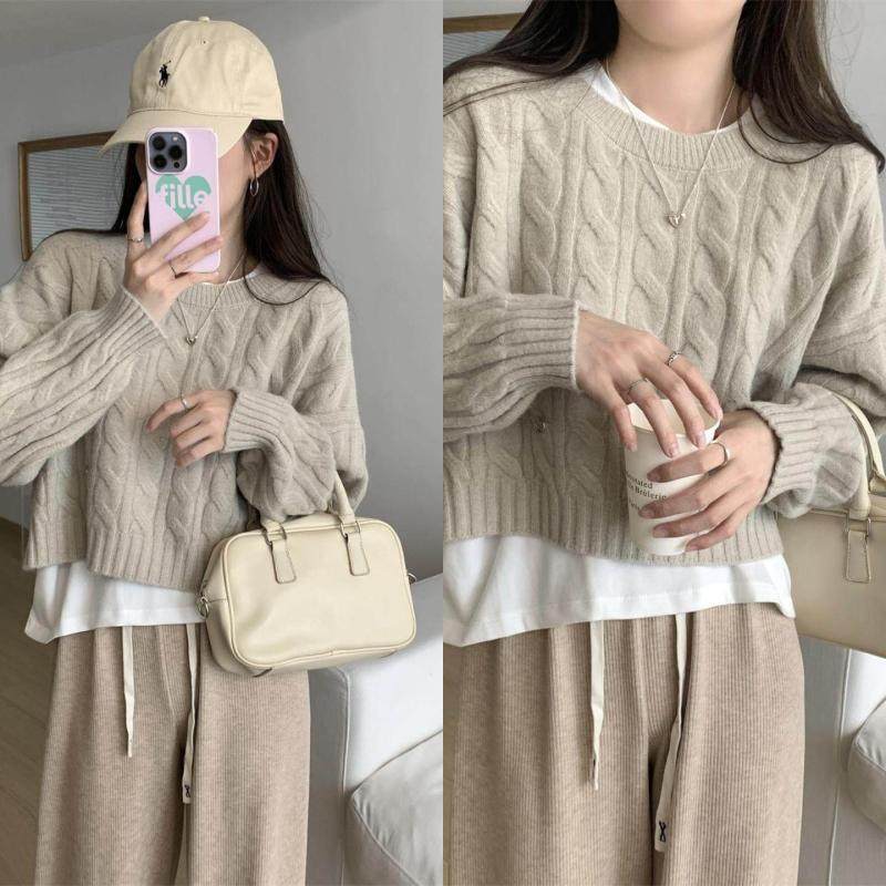 圆领套头麻花针织衫上衣女2025秋冬季新款内搭慵懒风毛衣短款外套,女装/女士精品,毛针织衫,淘宝优惠券,粉丝福利购,淘宝优惠卷