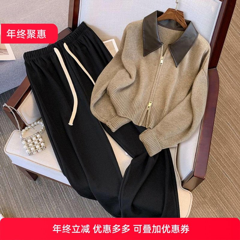 大码女装秋冬新款胖mm美式复古拉链毛衣开衫女显瘦阔腿裤遮肉套装,女装/女士精品,大码裤装,淘宝优惠券,粉丝福利购,淘宝优惠卷