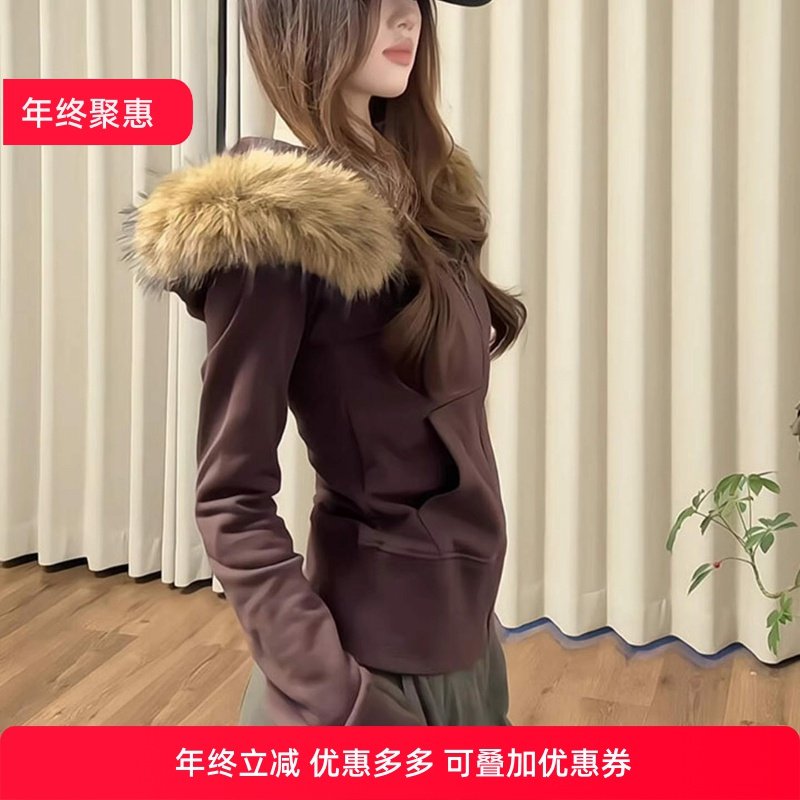 美式复古高街毛领短款连帽卫衣女冬季季加绒修身收腰韩系慵懒外套,女装/女士精品,短外套,淘宝优惠券,粉丝福利购,淘宝优惠卷
