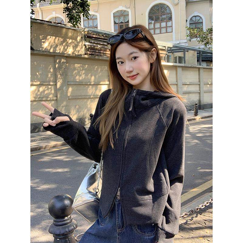 美式独特连帽双拉链卫衣开衫女冬季短款修身显瘦加绒保暖上衣外套