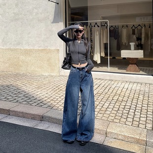 女蓝色长裤 复古压褶设计感高腰显瘦阔腿拖地牛仔裤 新款 25秋冬季