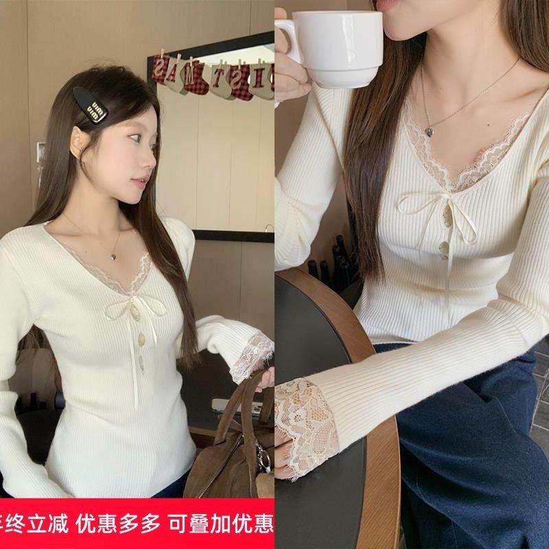 法式蕾丝拼接针织打底衫女2025秋冬v领修身内搭毛衣可外穿上衣,女装/女士精品,毛针织衫,淘宝优惠券,粉丝福利购,淘宝优惠卷