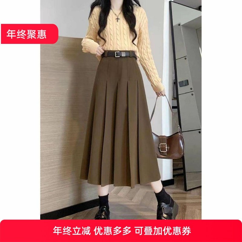 加厚咖色毛呢半身裙秋冬新款高腰a字半身裙长款显瘦中长款百褶裙,女装/女士精品,大码半身裙,淘宝优惠券,粉丝福利购,淘宝优惠卷