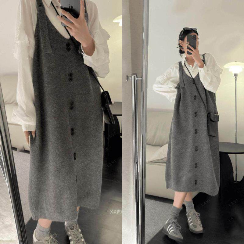 设计感小众背带软糯毛衣女2025秋冬新款百搭学院风宽松腰针织长裙,女装/女士精品,毛衣,淘宝优惠券,粉丝福利购,淘宝优惠卷