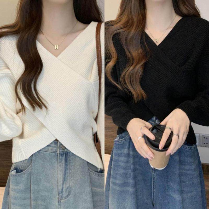 不规则交叉v领套头毛衣女秋冬内搭宽松慵懒短款针织衫上衣设计感,女装/女士精品,毛针织衫,淘宝优惠券,粉丝福利购,淘宝优惠卷