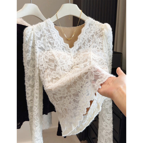 加绒蕾丝衫女显瘦内搭打底