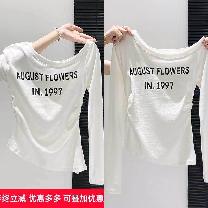 美式印花斜领长袖t恤女2025秋冬新款收腰显瘦开叉打底衫露肩上衣,女装/女士精品,T恤,淘宝优惠券,粉丝福利购,淘宝优惠卷