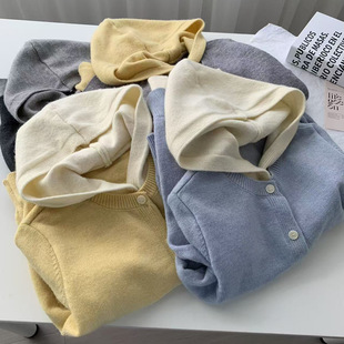 2026早春新款假两件拼色连帽针织开衫女宽松软糯慵懒风女上衣开衫