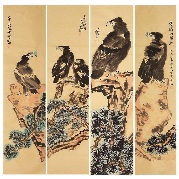 名绘FDD家李苦画禅鹰条屏纯手装饰国画水室墨画房间画办公画收藏