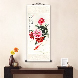 国画牡丹花开富贵挂画客厅办公室挂画中式丝绸画卷轴文化礼品画
