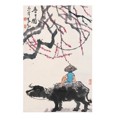国画春牛图招财客厅书房室内挂画茶室别墅装饰画楼梯转角墙画布画