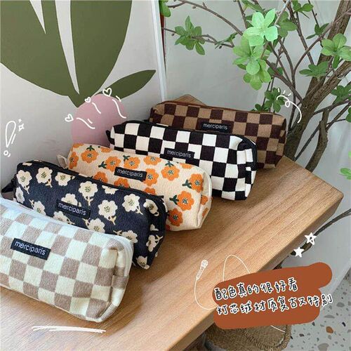 Korean Fashion Pencil Case Corduroy Plaid&amp;Flowers Ma