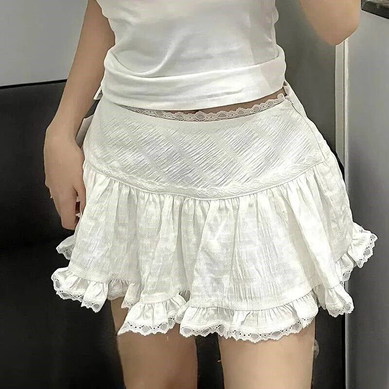 Balletcore Ruffled Skirt with Lace Trim Low Rie Tiered White - 实物图