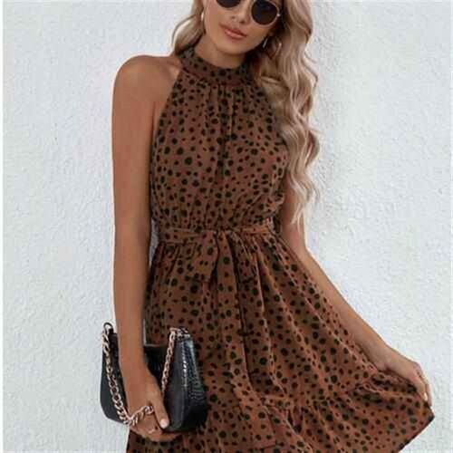 Womens Sleeveless Polka Dot Lace-up Ruffle Dress