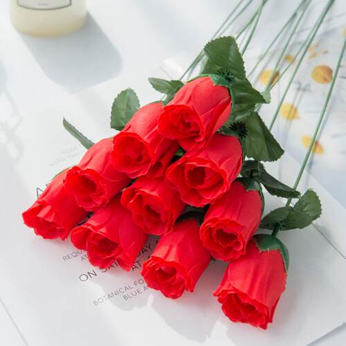 10PCS Red Silk Roses Bouquet Vase for Home Decor Garden Wedd