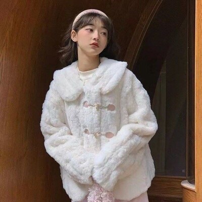 Sweet Style Ecofriendly Rabbit Fur Lapel Short Fluffy Coat f