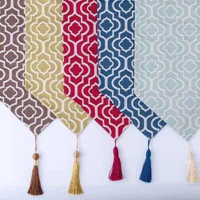 Elegant Jacquard Turquoise Cotton Linen Table Runner with Ta