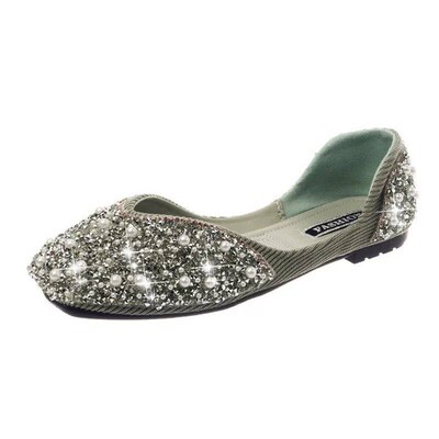 Glitter crystal pearl studs ballet shoes women square toe sl