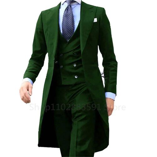 Green Long Tail Blazer  Pieces Gentleman Male Suit Mens
