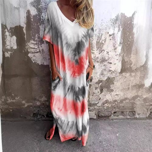 2025 Womens Casual Loose Short-sleeved V-neck Split Gradien