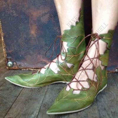 Medieval Retro Women Gothic Elf Witch Leaves Lace Up Shoes C