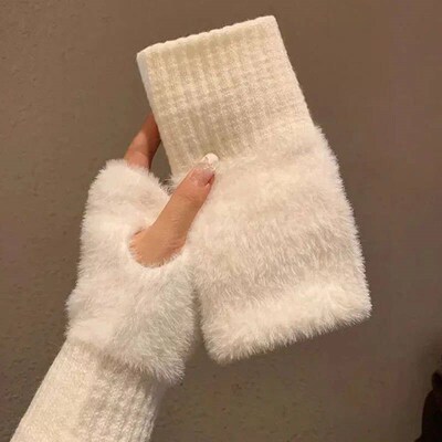1pair Pure Knitted Half Finger Gloves for Women,Winter Outdo
