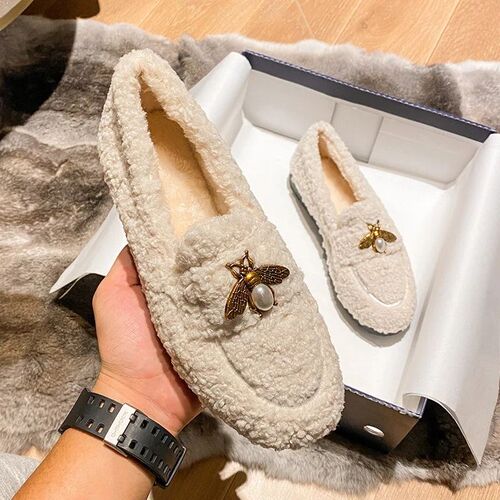 2023 New Womens Winter Plush Shoes Wear non slip warm flat