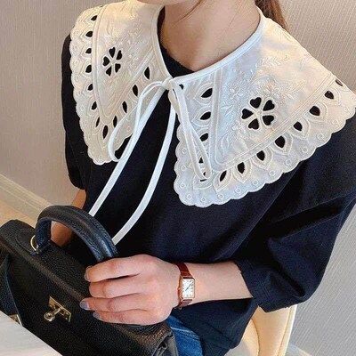 Korean Women White Cotton Fake Collar Shawl Wrap Hollow Out