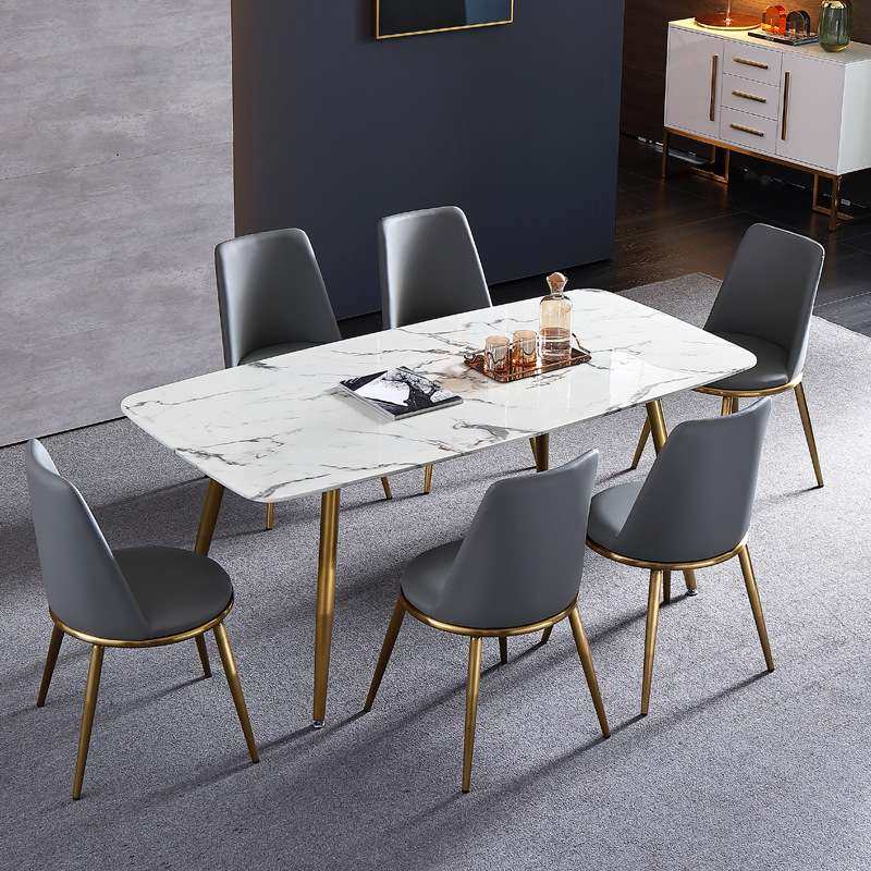 意式极简轻奢不锈钢洽谈桌别墅家用亮光奢华长方形大理石餐桌