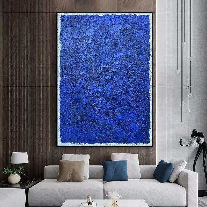 顺丰后现代客厅手绘油画克莱因蓝肌理装饰画大幅落地蓝色丙烯玄关