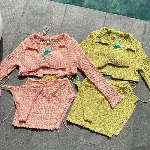 CandyColored Long Sleeve 4Piece Bikini Set Resort Style Stra