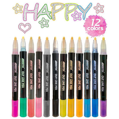 12 Color Metal Paint Marker Pen set Double Line Pen Outline
