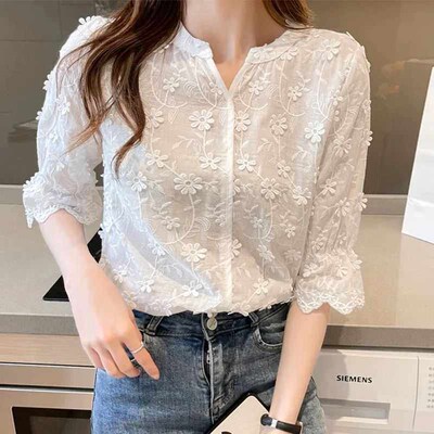 Womens Cotton Short Sleeve Lace Blouse, Summer ops, Embroid
